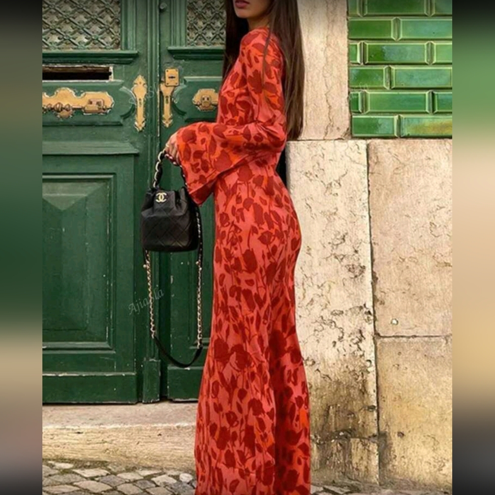 Floral Printed Long-Sleeved Elegant Round-Neck Basic Dress For Autumn Women's We - Picture 2 of 4